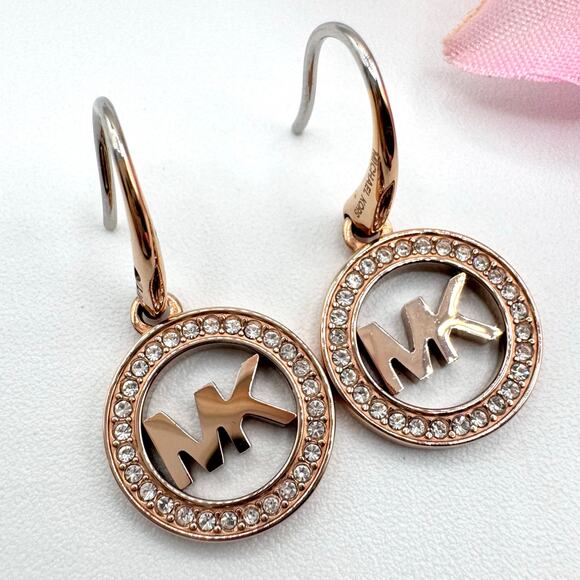 Michael Kors Rose Gold Tone Pavé Crystal MK Logo Dangle Earrings Designer Modern - Picture 1 of 14